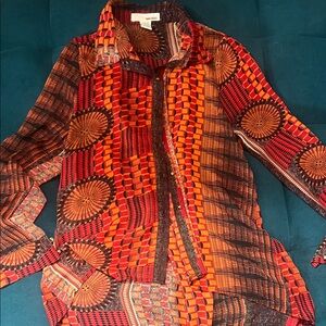 Sans Souci Top Women’s M Red Orange Spiked Buttons Career Artsy Long sleeves